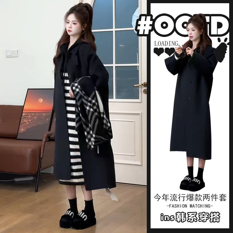 茶系穿搭一整套设计感宽松减龄连帽条纹连衣裙美式中长款呢子外套