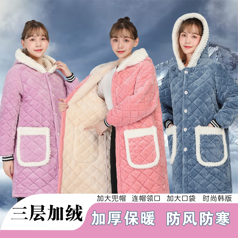 冬季三层夹棉保暖罩衣大人女加绒加厚防寒厨房围裙长袖工作服女士