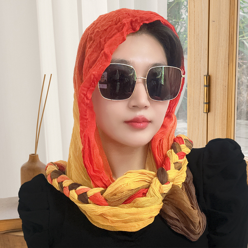 2025新款百搭复古围脖网红围巾棉麻质感麻花辫褶皱女士包头巾披肩