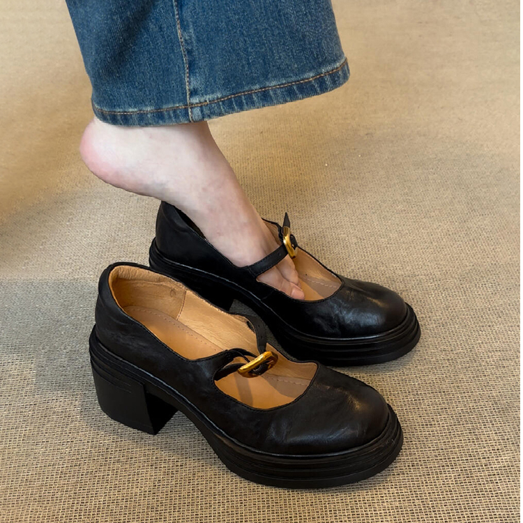法式复古厚底玛丽珍鞋真皮女鞋2024圆头浅口一字扣带粗高跟单鞋女