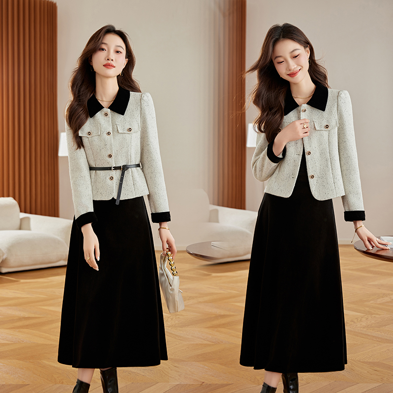 小香风名媛气质收腰套装裙女2025秋季新款高级感翻领上衣丝绒长裙