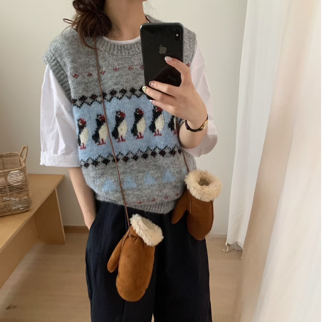 复古童趣卡通企鹅提花费尔岛马甲女2025春秋叠穿时尚针织衫毛衣潮