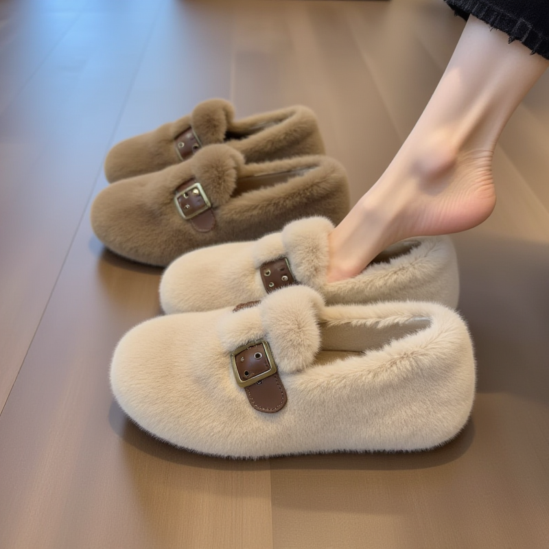兔毛绒毛毛鞋女外穿2025冬季新款皮扣带洋气软底加绒毛毛鞋网红款