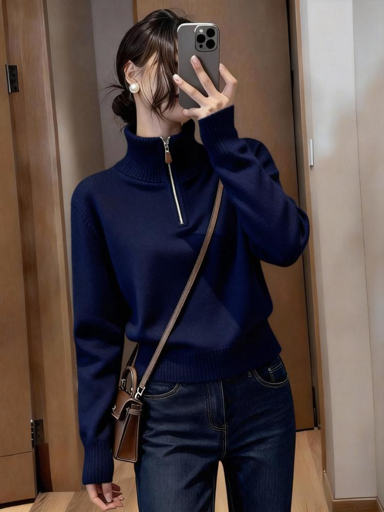 时尚慵懒风半拉链长袖针织衫女2025秋冬新款小众显瘦套头打底毛衣