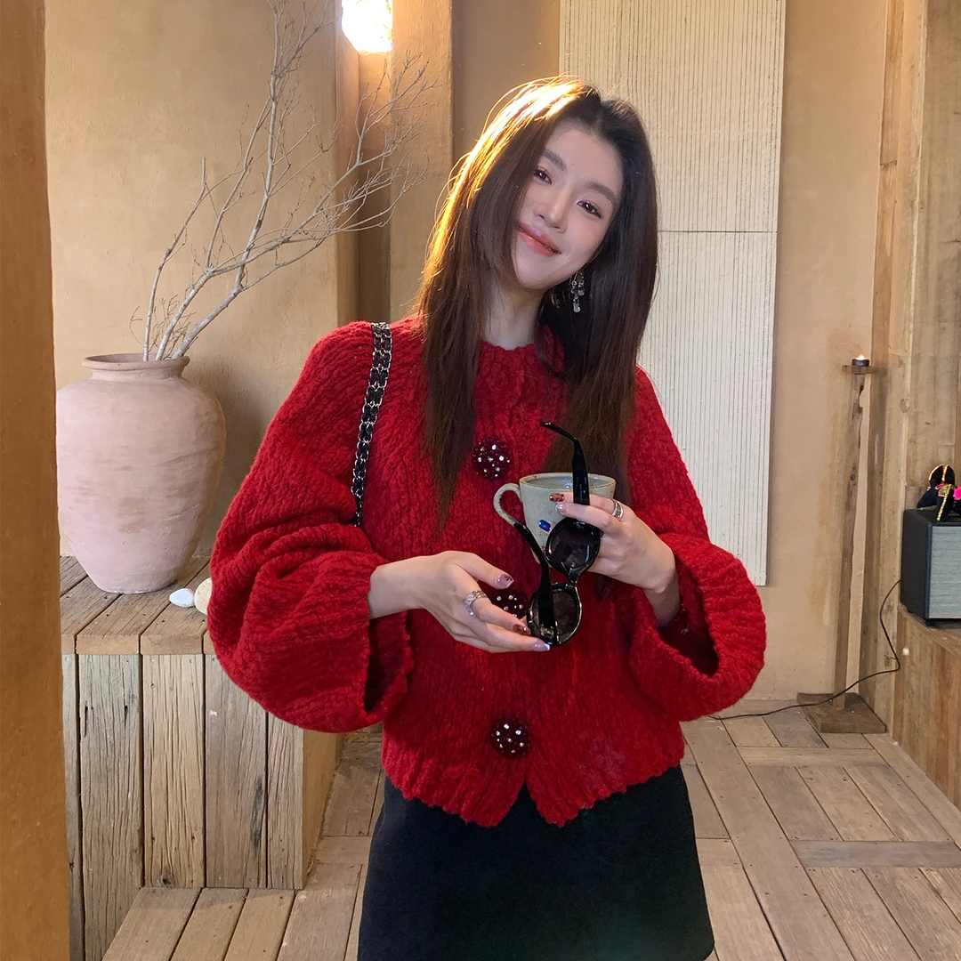 【红绯酒心】招财红色绞花软糯经典老钱开衫上衣