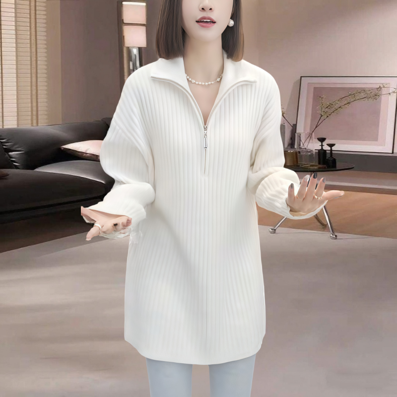 极简风半拉链中长款宽松百搭毛衣女秋冬季新款时尚洋气显瘦针织衫