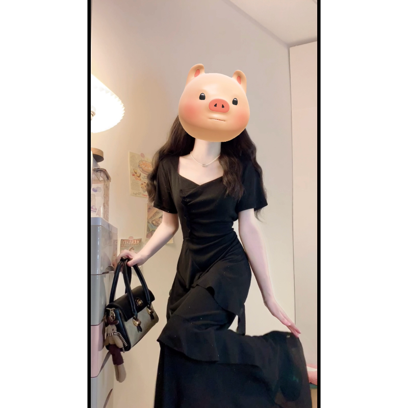 大码【素人美女】夏季浪漫荷叶边不规则设计感小众连衣裙法式长裙子