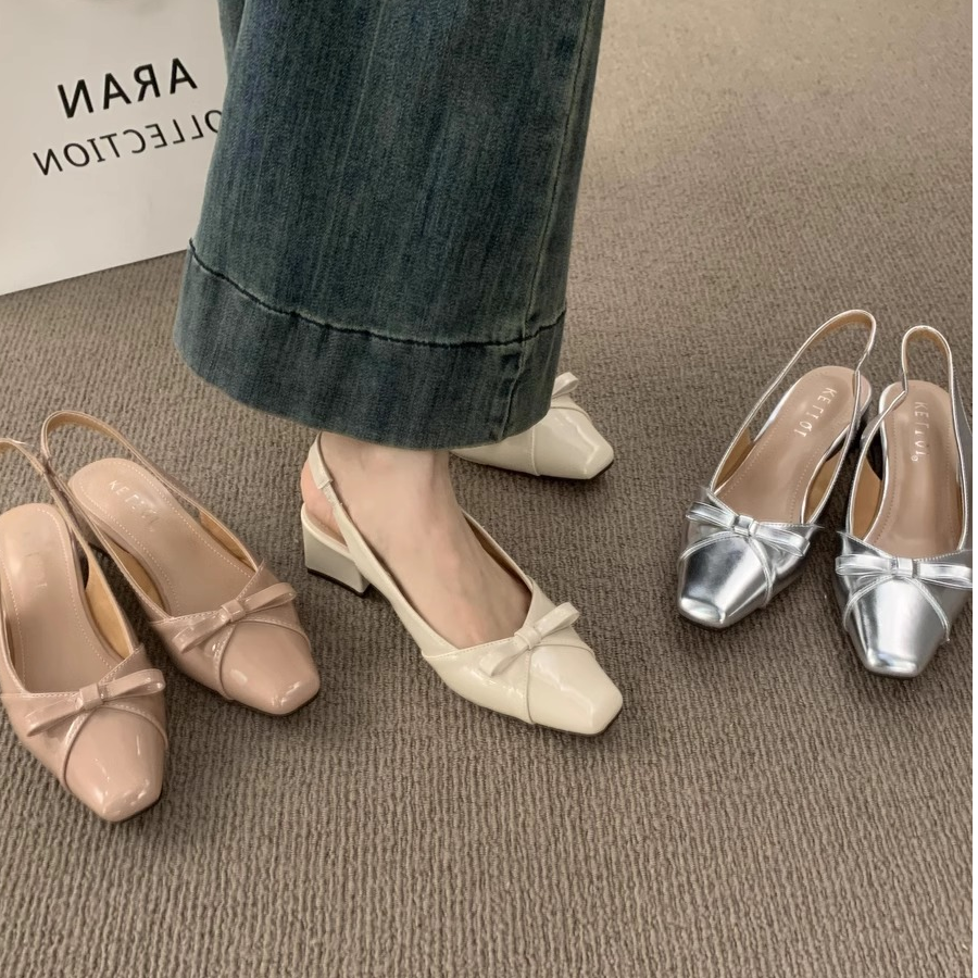 韩系仙女风蝴蝶结包头25法式气质后空单鞋高跟鞋夏季粗跟女凉鞋