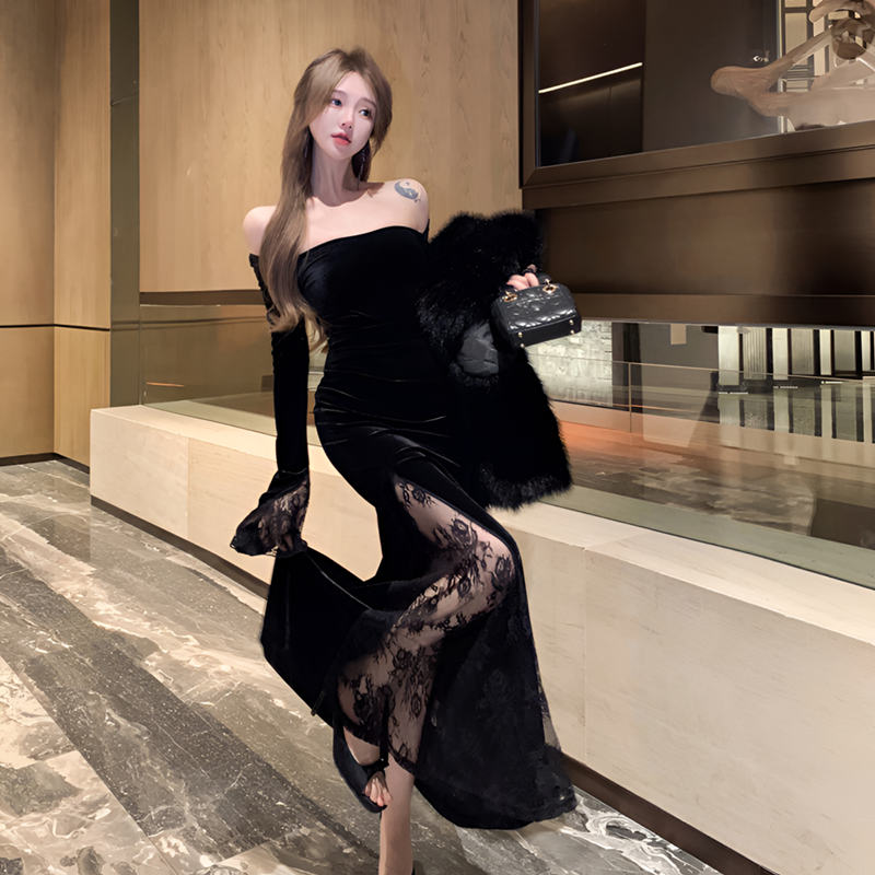 法式复古御姐高级感丝绒抹胸连衣裙女纯欲风蕾丝拼接开叉包臀裙子