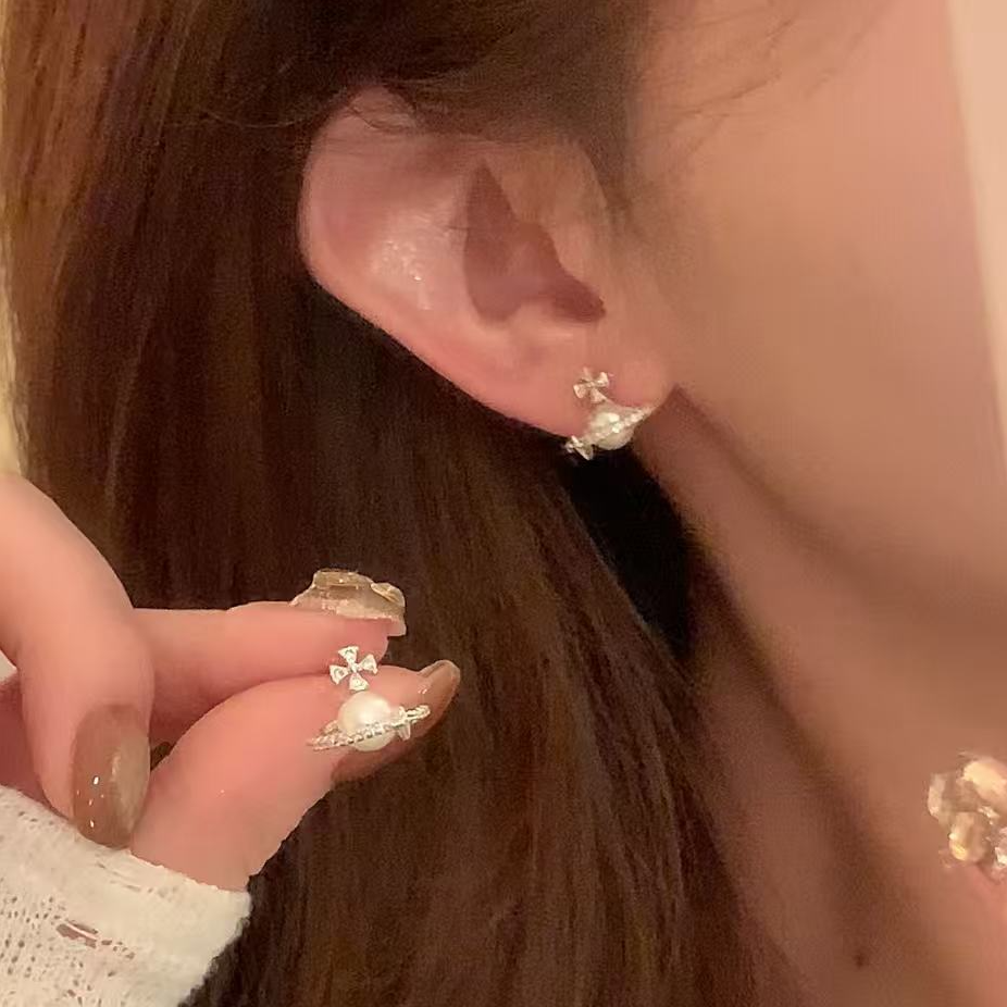 铜合金锆石耳饰 早秋轻奢韩系闪锆星球珍珠耳环女气质耳针耳饰