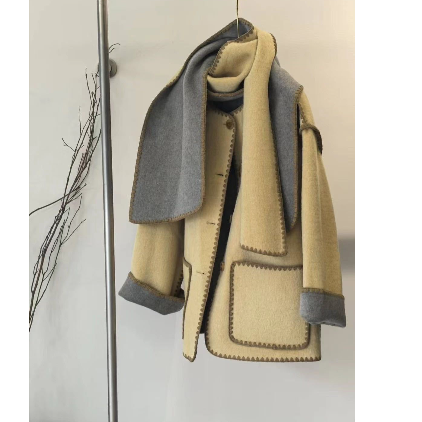 两面穿撞色围巾领手工双面羊毛大衣中长款宽松女外套秋冬新款