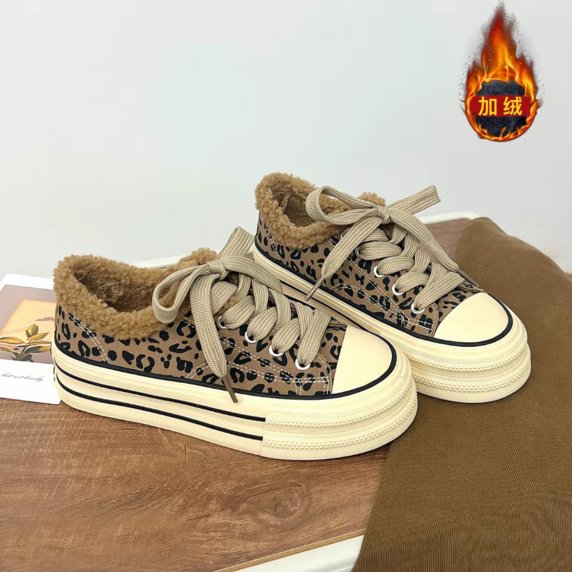 【厚底加绒】2025年冬季低帮保暖皮面帆布鞋女板鞋增高豹纹鞋子板鞋