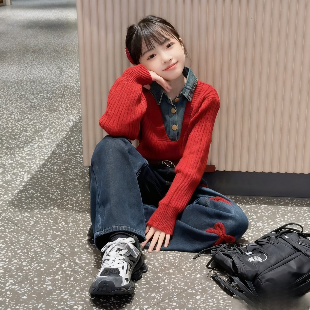 女童冬季洋气加绒牛仔裤套装时髦童装针织毛衣两件套2024秋冬新款