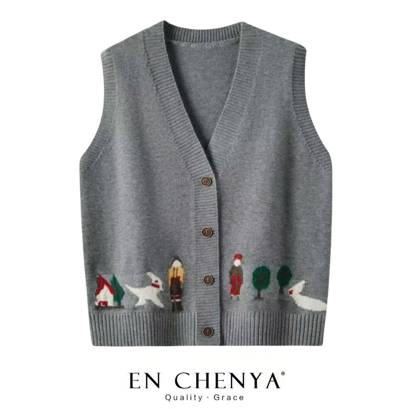 品牌折扣灰色提花针织马甲女春季宽松休闲毛衣百搭背心坎肩开衫