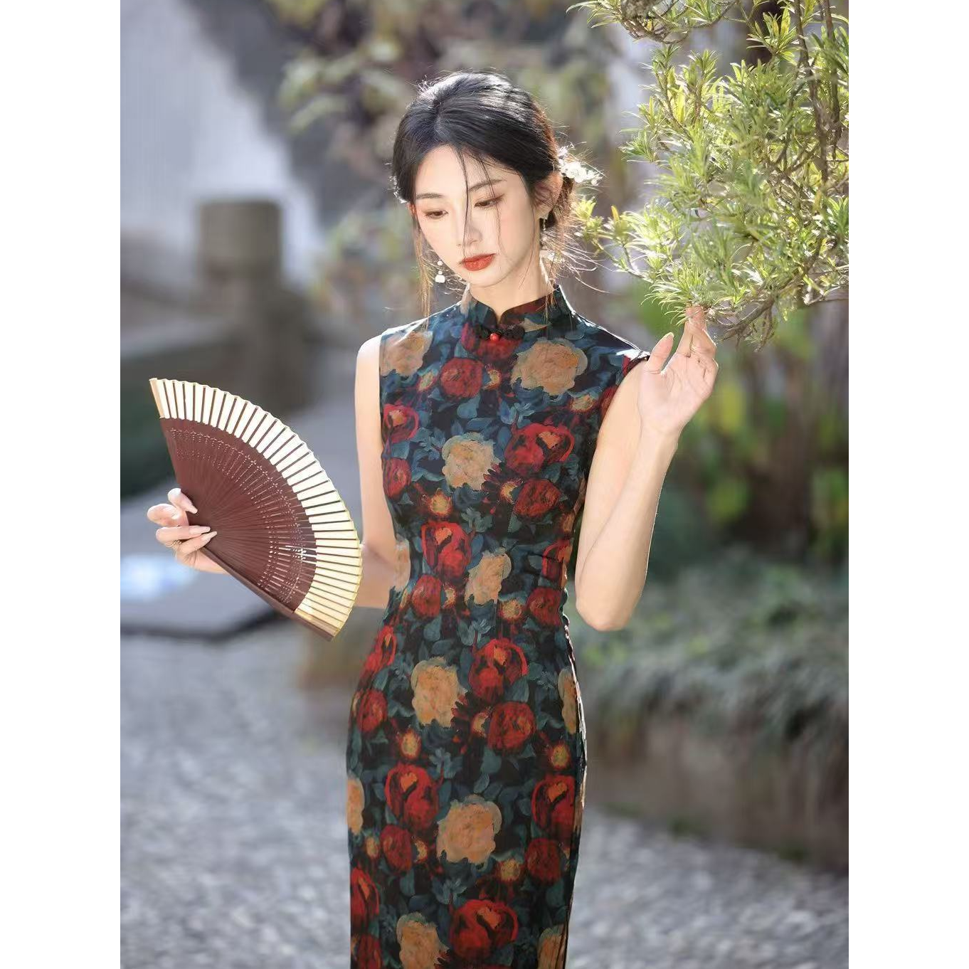 【枝雨海棠】植物花卉无袖低领日常新中式旗袍时尚显瘦气质长120