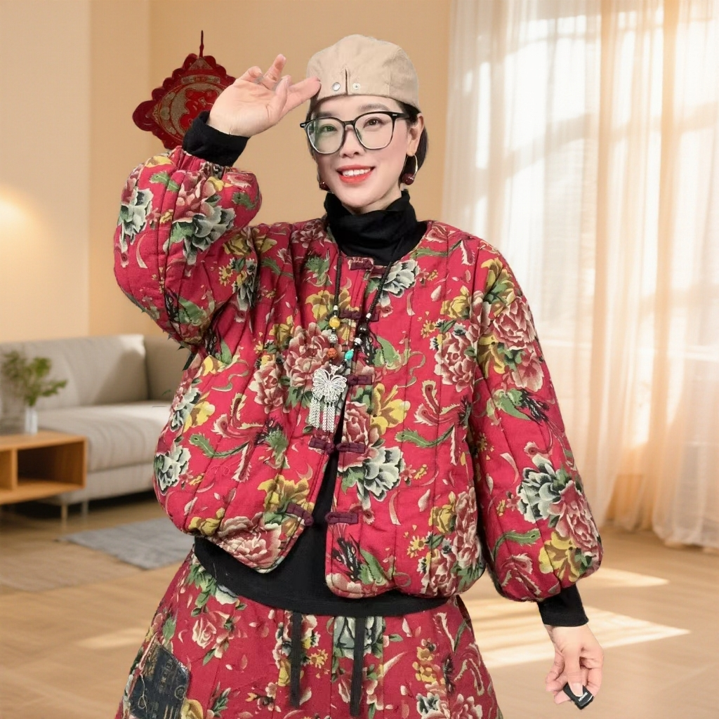 豪雅秋冬款网红印花中国风短款棉服保暖减龄时尚复古休闲宽松棉袄