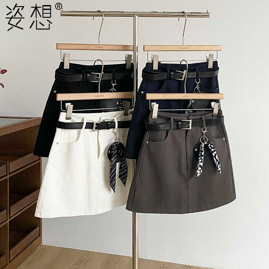 送皮带挂饰 2025早秋新款复古辣妹设计黑色高腰A字包臀短裙女秋