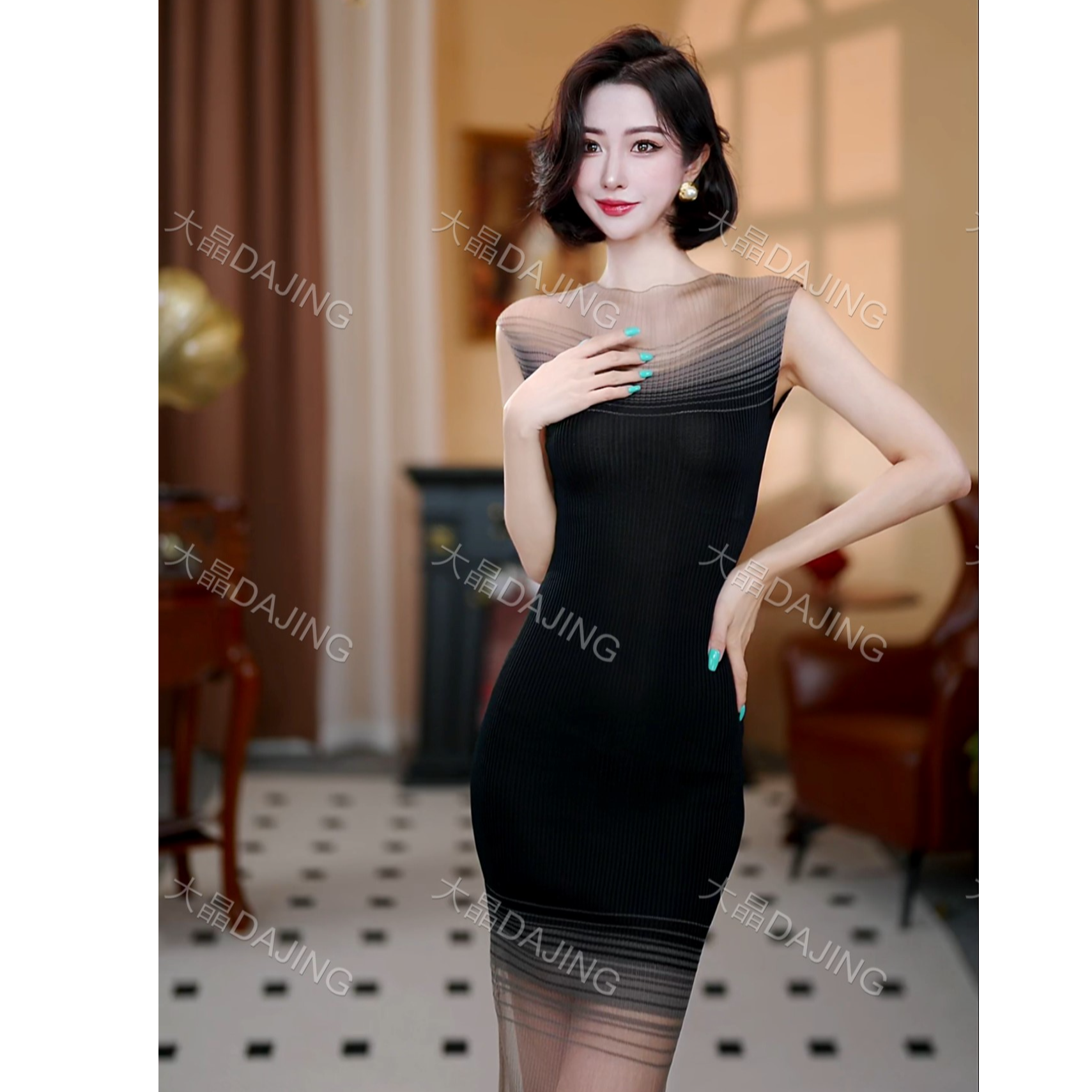 【大晶定制】“暮色之纱”新款时尚撞色渐变小圆领收腰显瘦长款连衣裙