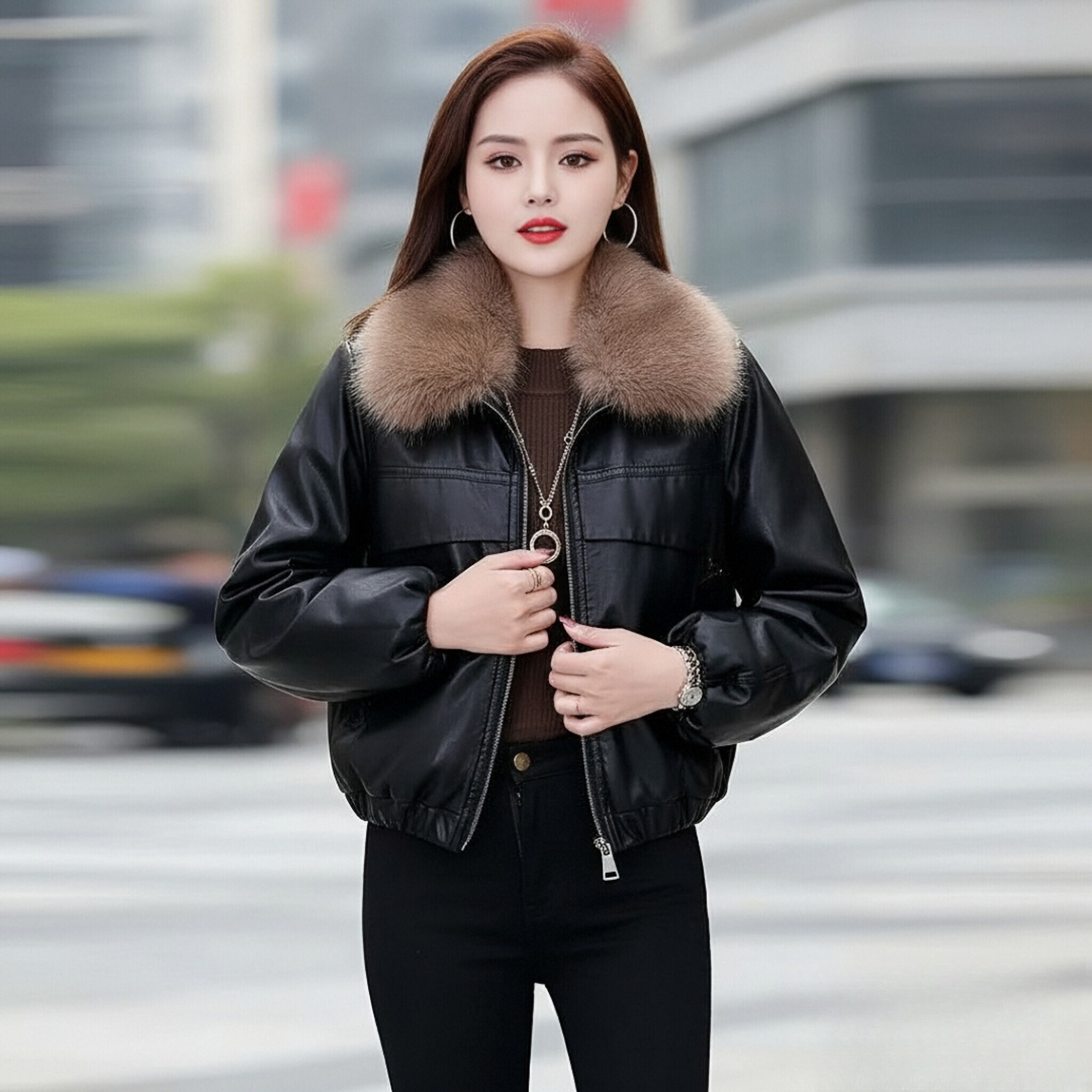 2025冬季新款可拆卸大毛领加绒加厚女士皮衣外套女宽松短款2282