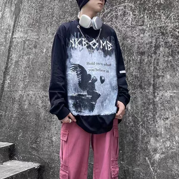 暗黑系高街印花潮牌项链男长袖T恤美式复古男女宽松百搭街头603