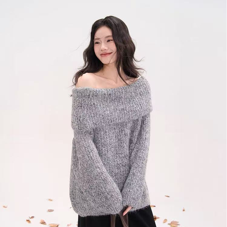 一字肩针织打底小衫女秋冬季内搭宽松长袖露肩厚毛衣外套短袖上衣
