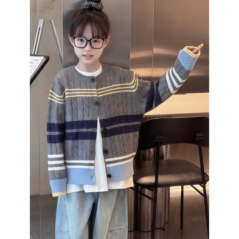 女童毛衣开衫春秋款2025新款儿童洋气百搭针织衫秋季大童休闲外套