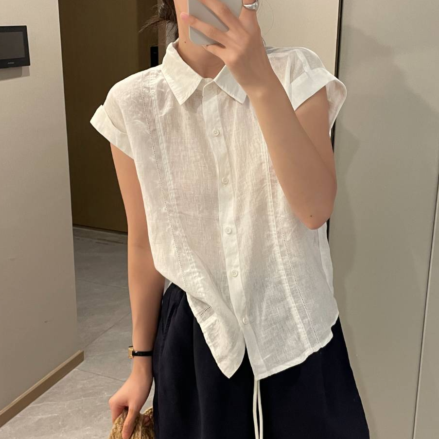 「只做真麻 100%纯亚麻」镂空气质显瘦小飞袖衬衫 夏季休闲百搭H607