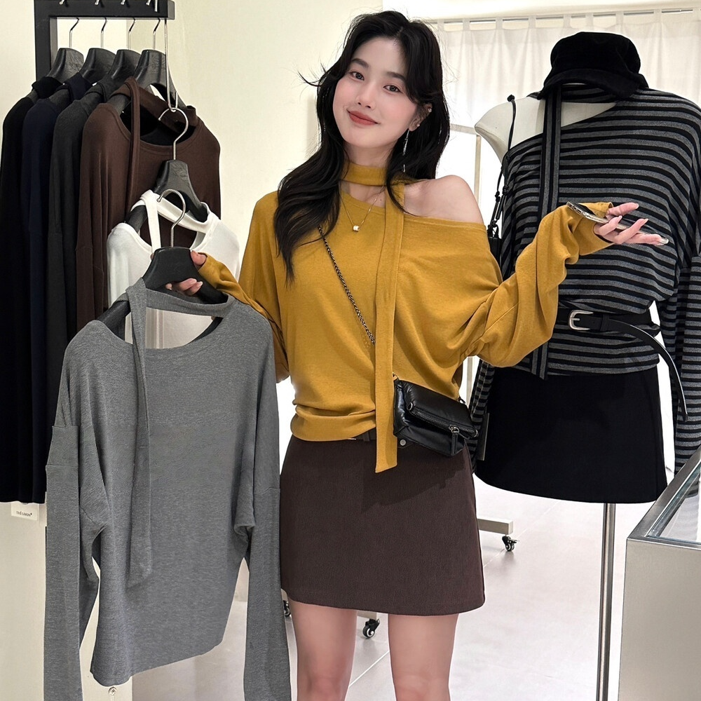 韩系条纹飘带长袖T恤女秋冬设计感小众修身显瘦上衣N