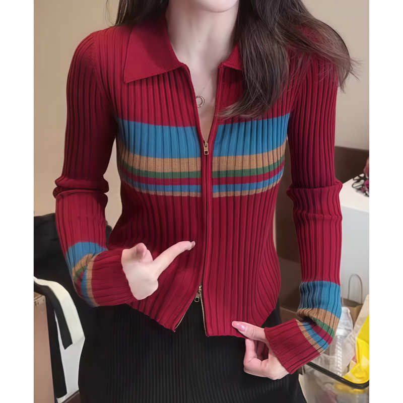 复古港风撞色条纹双拉链针织开衫女早秋季新款时髦洋气休闲上衣潮