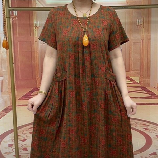 夏季高级复古韩版大码短袖连衣裙夏季圆领减龄时尚碎花妈妈女装裙