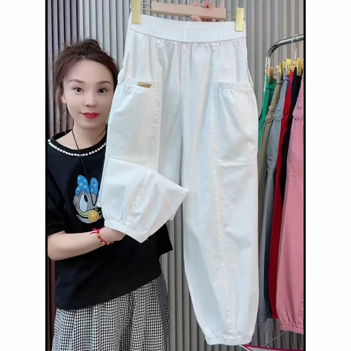 百搭休闲裤女2025年夏季新款高腰显瘦弹力哈伦宽松束脚九分灯笼裤