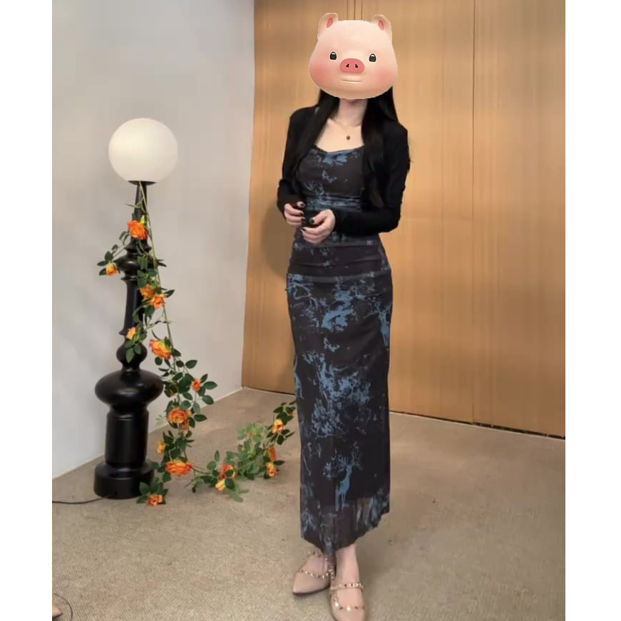 2025新款高级感墨染复古修身连衣裙开叉包臀新款吊带长裙3148#