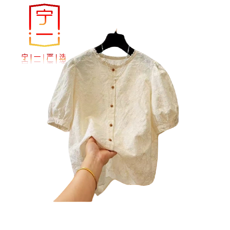 【宁一女装】时尚洋气显瘦纯棉高级感刺绣泡泡袖圆领衬衫女夏季气质