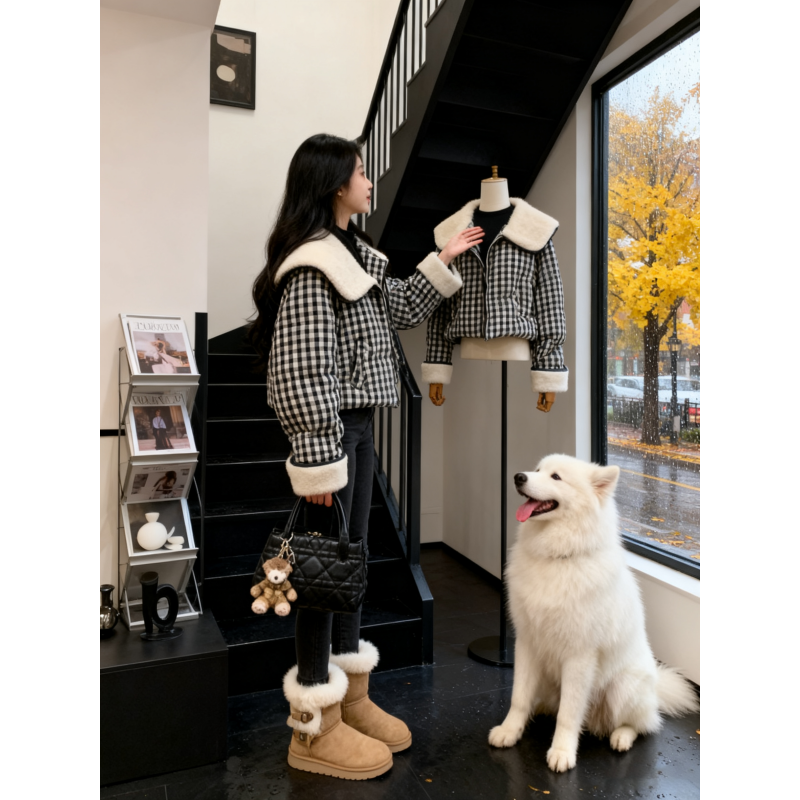 2025冬季新款设计感大翻领格纹短款面包服女气质减龄加厚保暖外套