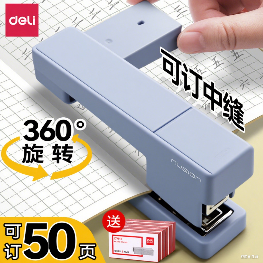 得力纽赛订书机办公学生订书器360度可旋转重型加厚省力型5装订机