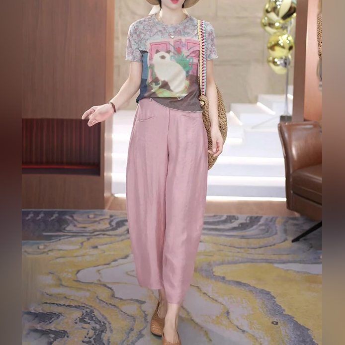 粉色冰丝阔腿裤女2025新款夏季薄款松紧高腰宽松垂感醋酸九分裤子