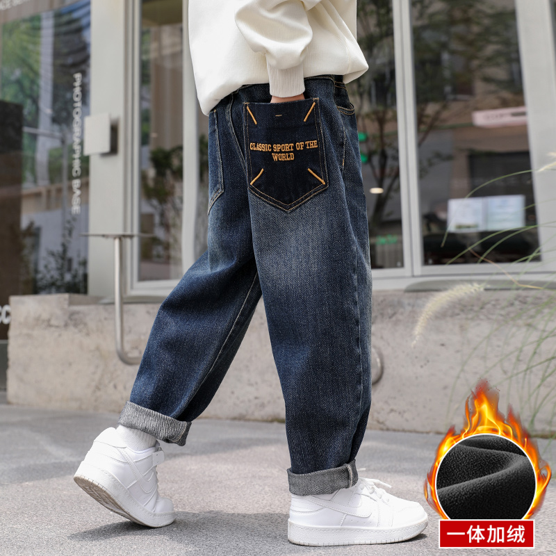 男童加绒裤子儿童牛仔裤秋冬新款大童加厚弹力长裤男童秋季裤子