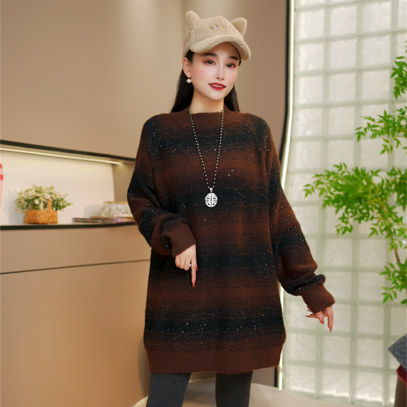 冬季新款渐变拼色条纹圆领套头针织衫毛衣女宽松时尚慵懒上衣