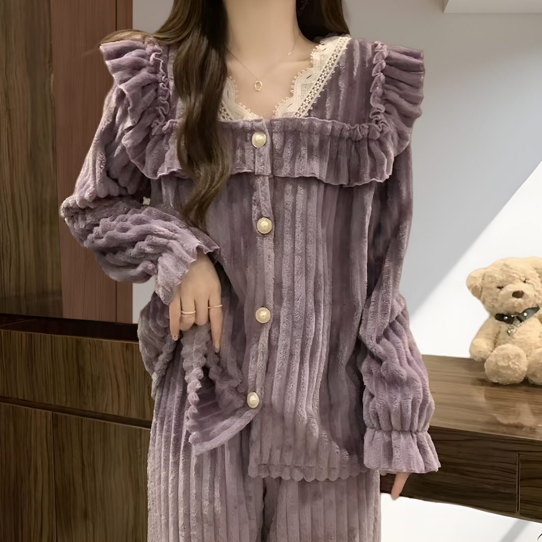 睡衣女款珊瑚绒法兰绒琥珀流光入秋两件套2025新款加绒加厚套装Q