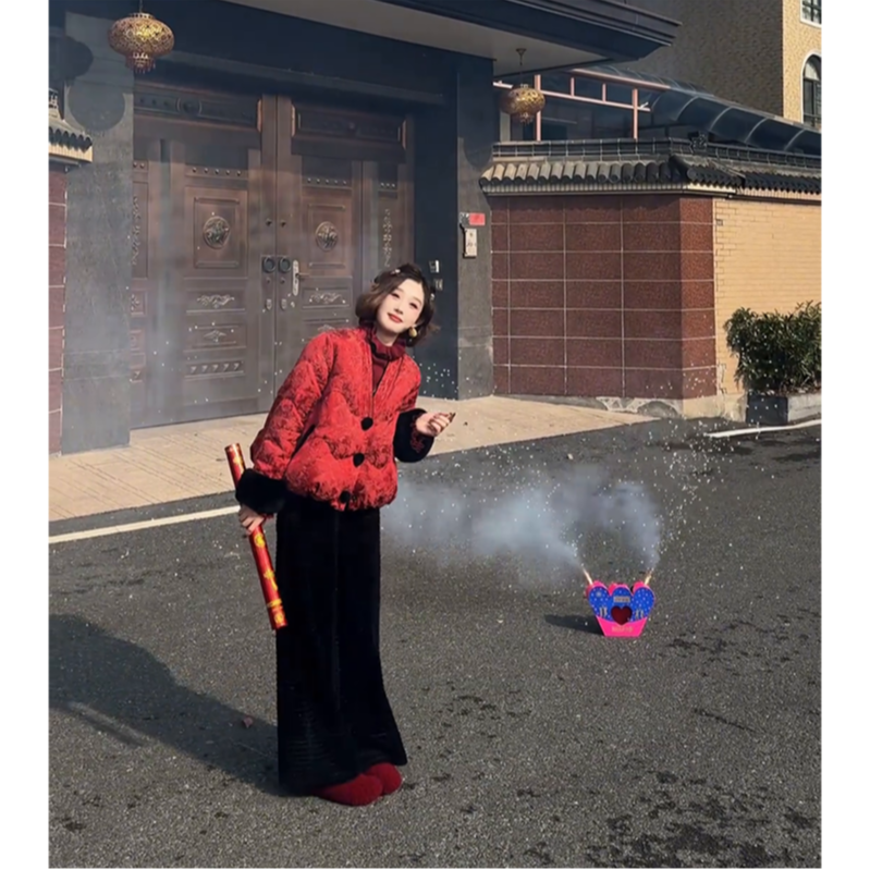过年超火穿搭一整套女2026新款韩系红色棉服外套显瘦阔腿裤两件套