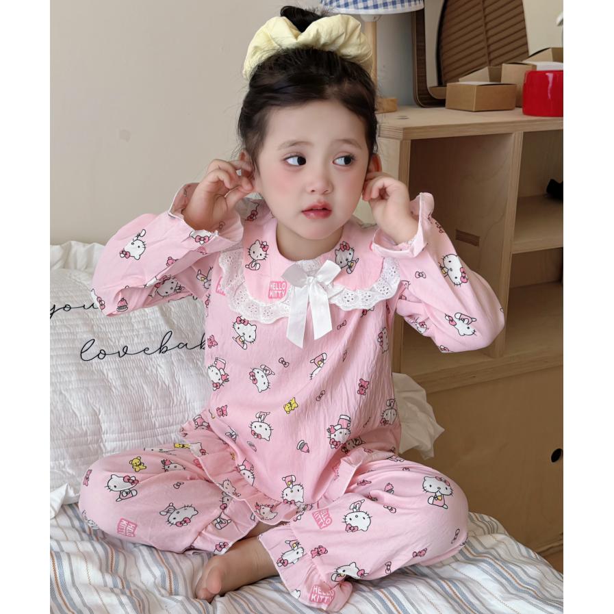 儿童睡衣女中大小童春秋季蕾丝花边公主风长袖卡通可爱家居服套装