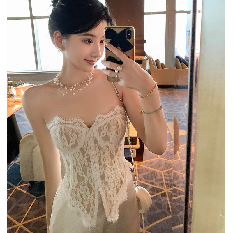 蕾丝拼接性感抹胸背心女夏季内搭无袖裹胸纯欲黑色带胸垫上衣外穿