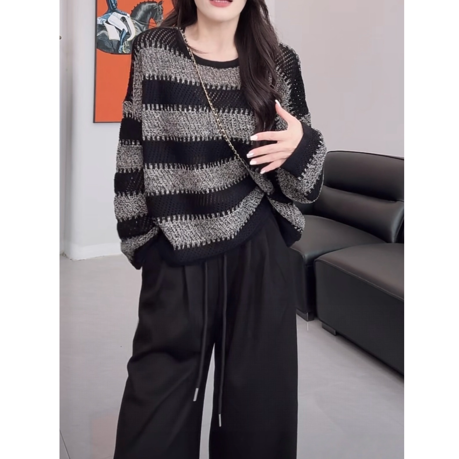 设计感撞色条纹圆领长袖毛衣女2025早秋新款新款时尚洋气百搭女装
