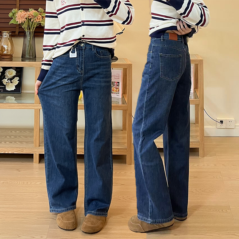 蓝色百搭直筒牛仔裤女2025早秋大码微胖mm腿粗弹力显瘦窄版阔腿裤
