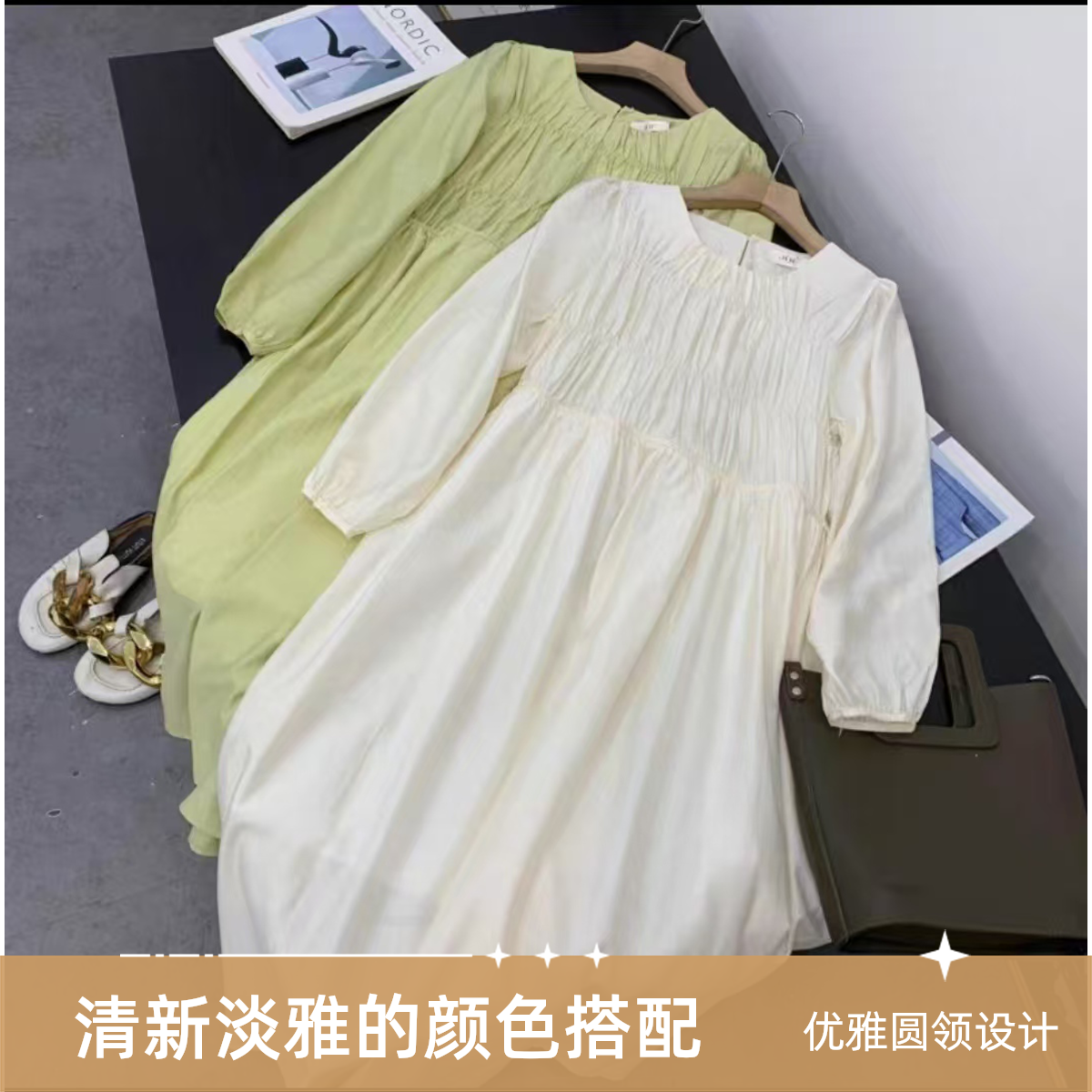 AG名媛Q2307长袖圆领淡雅优雅白色夏季气质连衣裙宽松长裙裙子