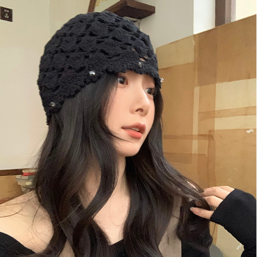 手工编织镂空针织帽女2025新款针织帽子春夏薄款复古套头帽堆堆帽