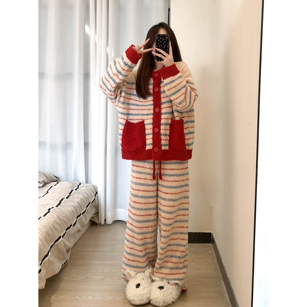 韩系复古红条纹半边绒睡衣女秋冬新款加绒保暖家居服长袖长裤套装