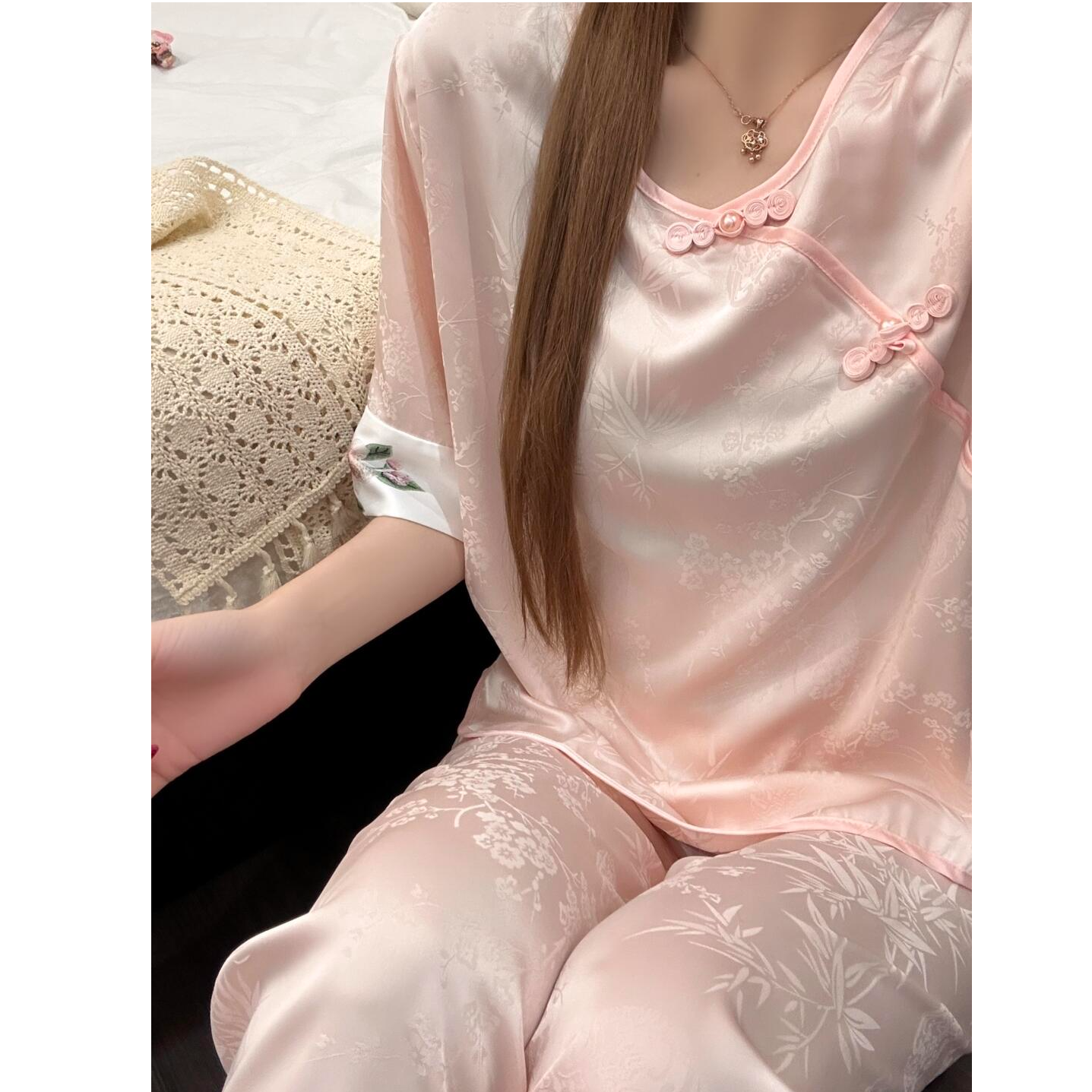 新中式粉色少女碎花睡衣女春秋新款冰丝大码短袖长裤家居套装外穿