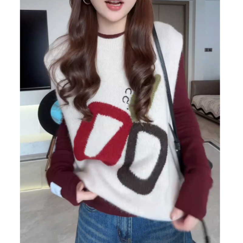 新款休闲通勤宽松创意感图案毛衣马甲针织背心 LK2509138