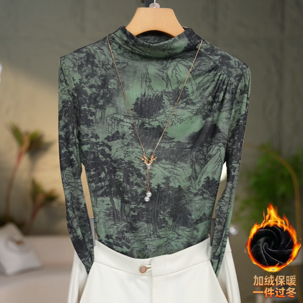 522#独特漂亮小衫网纱长袖T恤老钱风松弛感女装半高领加绒打底衫